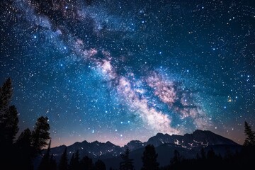 Naklejka premium Celestial panorama of a star-studded night sky, where the Milky Way arcs majestically over a tranquil landscape of silhouetted mountains and whispering pines, glittering night, celestial arcs