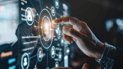 Futuristic Interface with Hand Interacting with Digital Security Network and Data Visualization