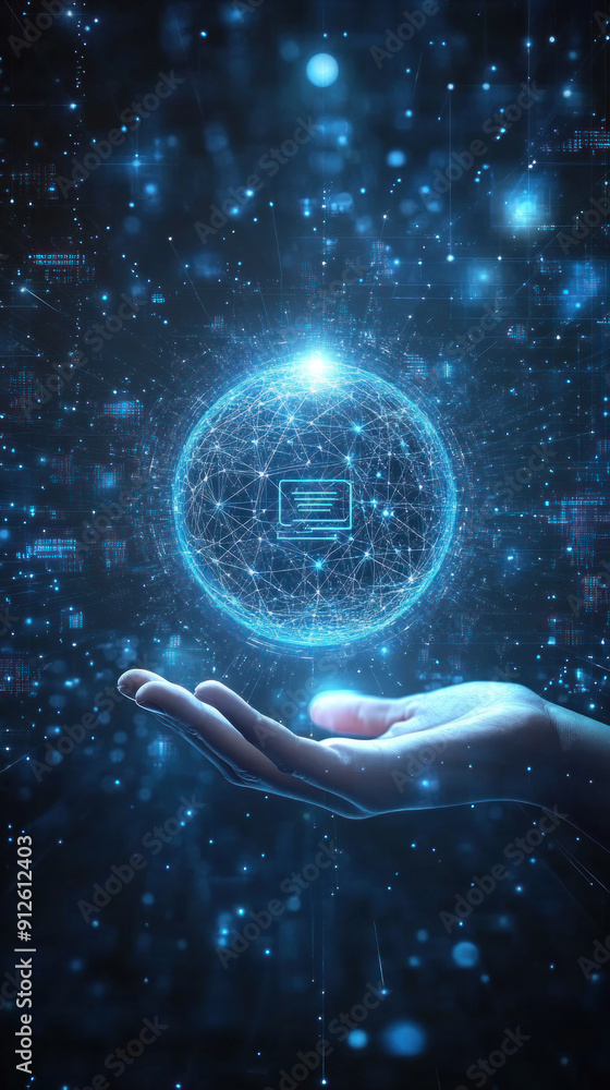 Poster a hand is holding a glowing sphere that is surrounded by a blue background. the sphere is surrounded