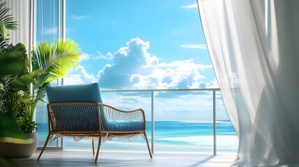 Oceanfront balcony view, floor-to-ceiling glass window, azure blue sky, fluffy white clouds, sparkling turquoise sea, sun reflection on water, modern lounge chair with blue cushions.