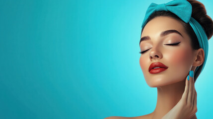 A woman with a blue headband and red lipstick. She is looking at the camera