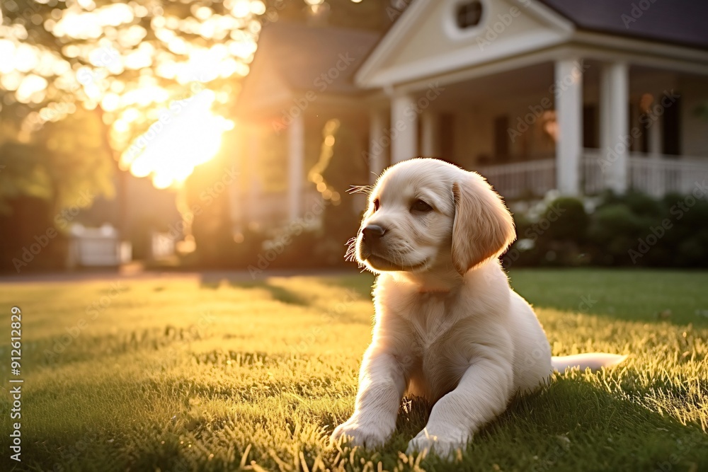 Poster golden retriever puppy enjoys the warm glow of the setting sun while sitting in the grass in front o