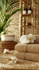 A stack of towels with a white flower on top. The towels are stacked on top of each other