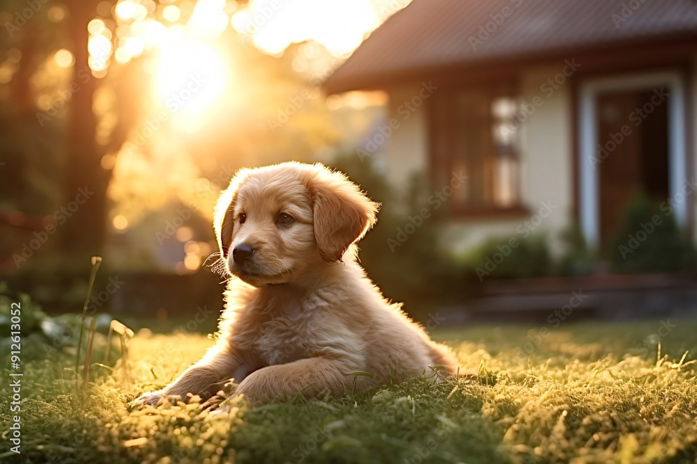 Poster adorable golden retriever puppy relaxing on the grass in front of a house with the sun setting in th