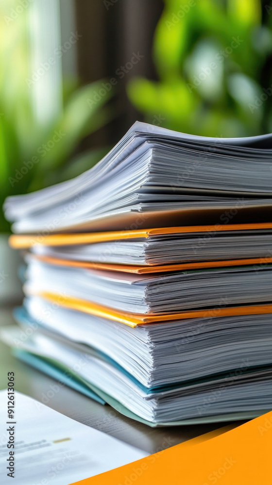 Poster a stack of papers with a green plant in the background. the stack of papers is piled up and the top 