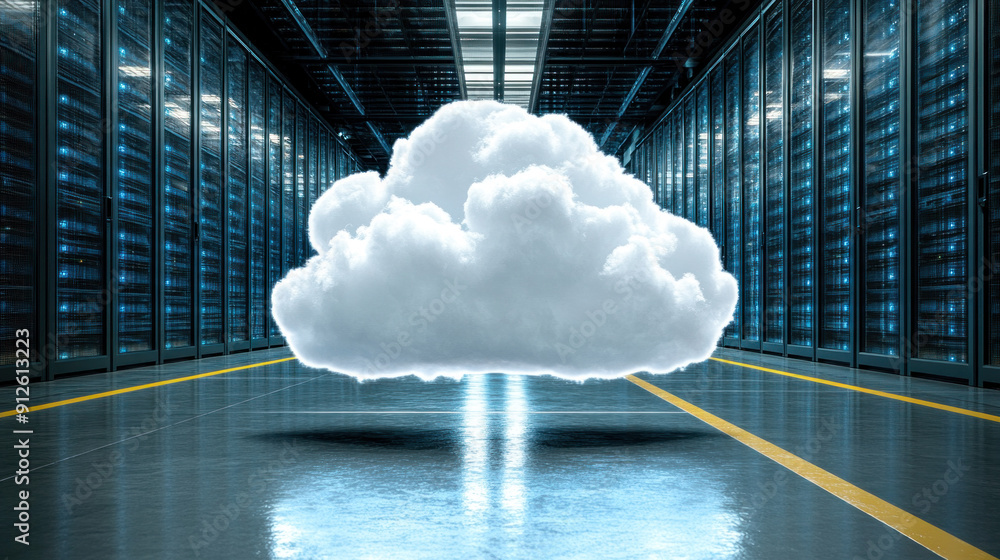 Poster a cloud is floating in a large room with many windows. the room is filled with computers and servers