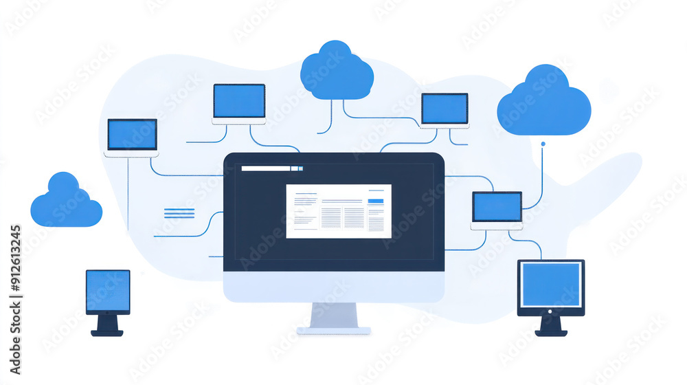 Poster a computer monitor displays a network of computers and servers. concept of a complex and interconnec