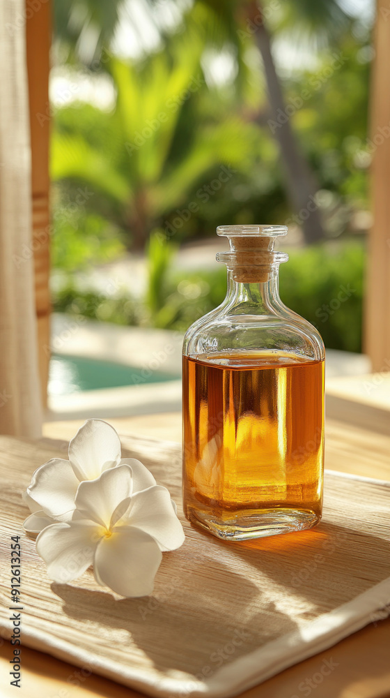 Poster a bottle of oil is on a table next to a white flower. the bottle is clear and has a cork stopper. th