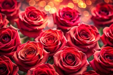 Vibrant fresh red roses form a stunning pattern against a soft blurred background, creating a romantic and elegant wallpaper perfect for any space.