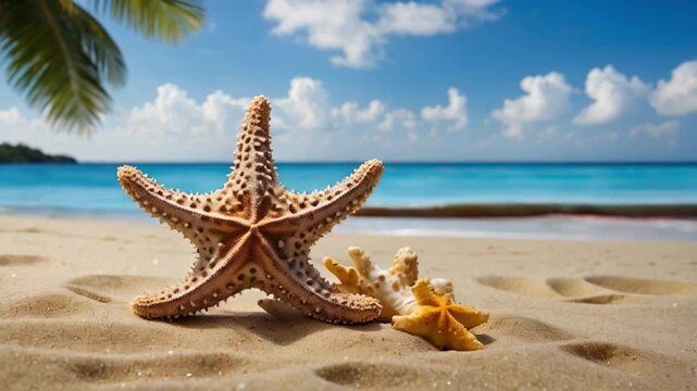 Red starfish on sand against background of sea