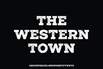 Classic bold slab serif western style alphabet display font vector. Rough textured typeface