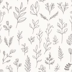 Seamless Botanical Pattern with Delicate Line Art Florals