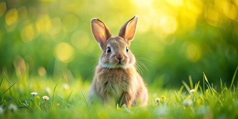 Fototapeta premium Cute fluffy rabbit sitting in a green meadow, rabbit, animal, wildlife, fluffy, cute, hare, bunny, grass, meadow, outdoors, nature