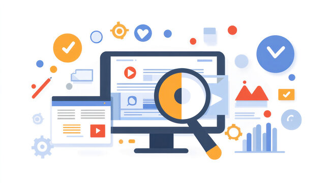 A computer monitor with a magnifying glass on it. The monitor is displaying a lot of different icons and buttons, including a clock, a heart, and a check mark. Scene is one of focus