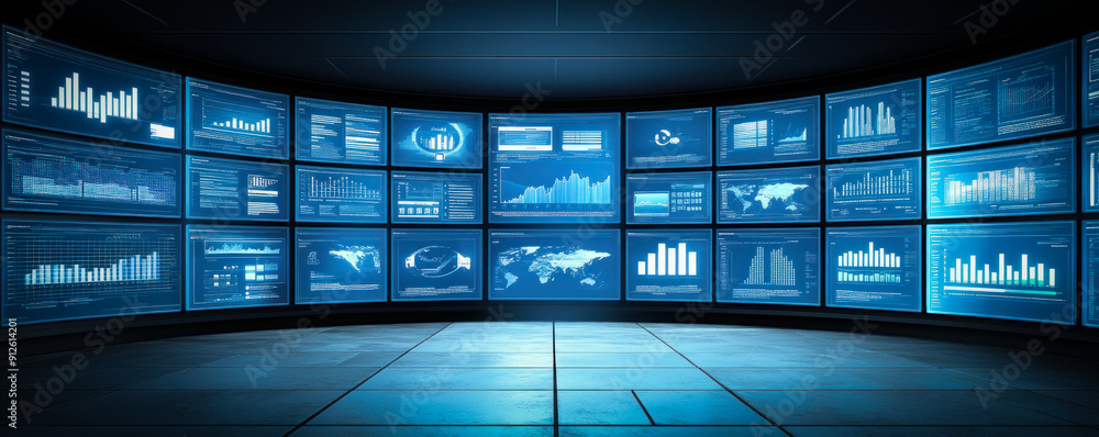 Poster a large screen with many monitors displaying various graphs and charts. the screens are all blue and