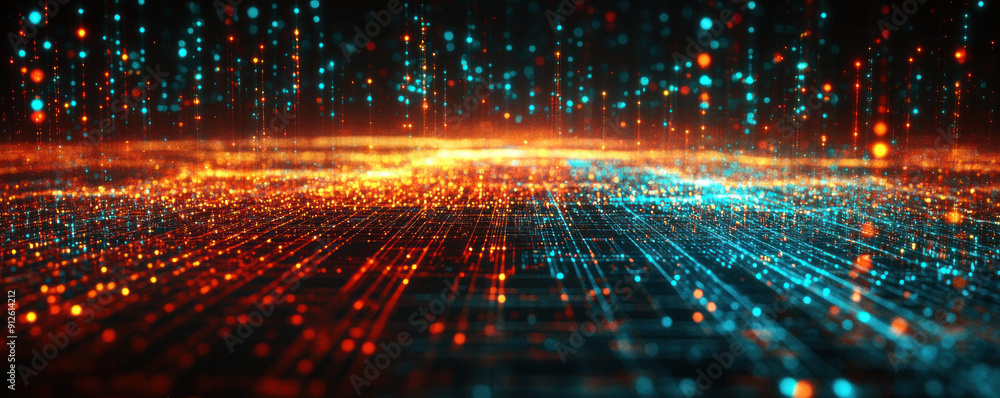 Poster a computer generated image of a cityscape with a blue and orange background. the image is full of br