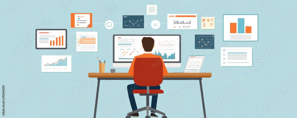 Poster a man is sitting at a desk with a computer monitor and a keyboard. the monitor is displaying a lot o