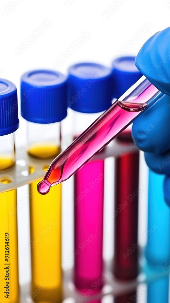 Poster a person is holding a dropper in front of a row of colorful test tubes. the tubes are filled with di
