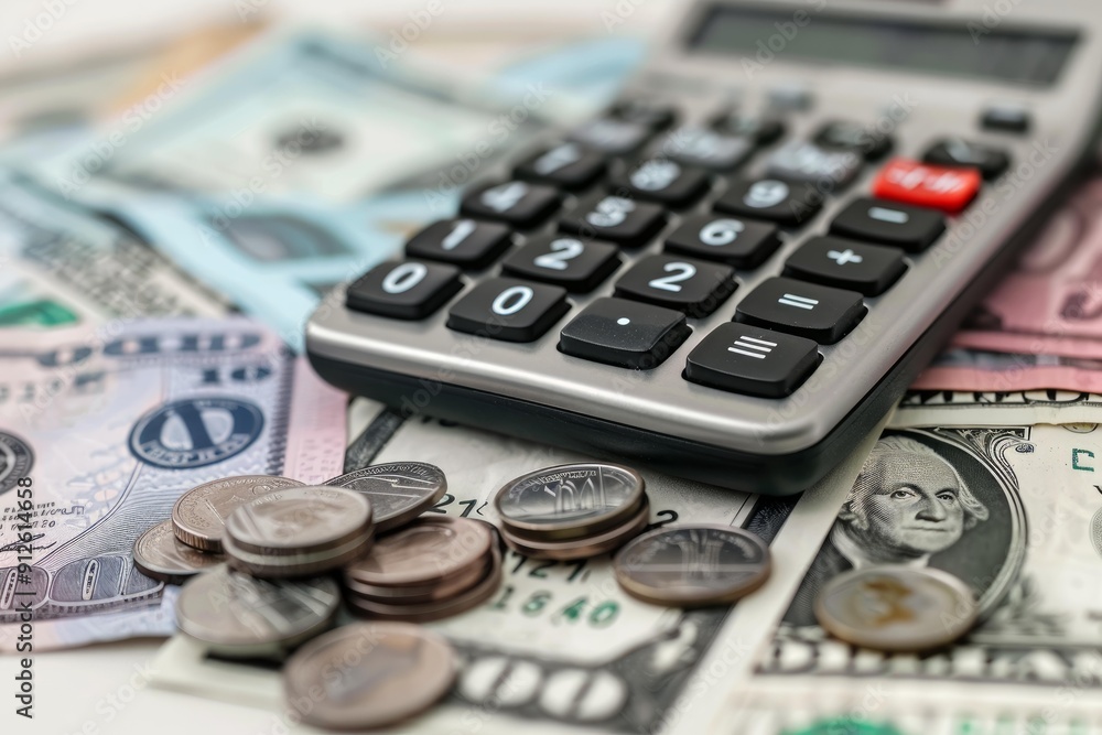 Poster accountant calculating expenses using calculator on desk with dollar bills and coins