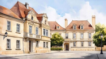 Fototapeta premium Watercolor painting of a classic European building, intricate architectural details, soft pastel colors, realistic elements, high-end artistic techniques, evoking a timeless elegance
