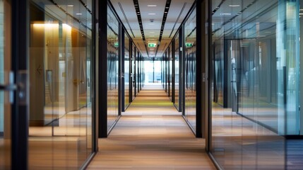 Obraz premium An office corridor with glass walls and doors, modern design, and bright lighting creates a sense of freshness and openness, with no people present.