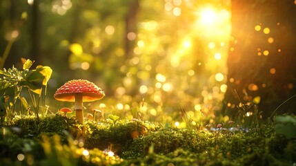 Spring forest floor, delicate mushrooms, vibrant moss, bright sunlight streaming through trees, golden bokeh effect, dappled light, fresh green undergrowth.