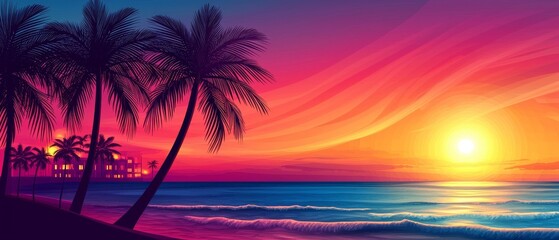 A vibrant sunset over a tranquil beach, framed by palm trees and colorful skies, evoking serenity and natural beauty.
