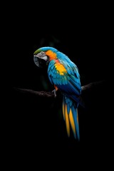 Fototapeta premium A blue and yellow parrot is perched on a branch. The bird is looking to the right