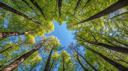Towering forest canopy, upward view, vibrant green treetops, clear azure blue sky, wispy white clouds, sunlight filtering through leaves, converging tree trunks, lush foliage.