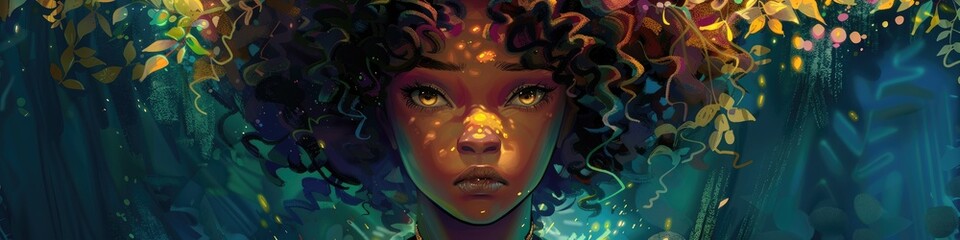 Obraz premium Create an anime book cover featuring a young African American girl with a magic mirror and textured light brown hair designed for a mystical children s book