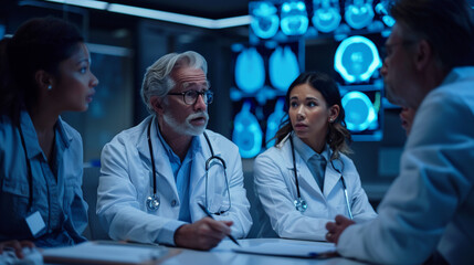 Group of healthcare professionals discussing patient treatment plan in a conference room, medical team meeting, collaborative care, modern healthcare setting