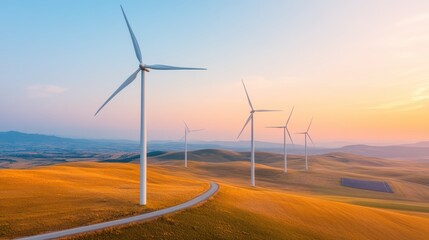 Scenic Landscape with Wind Turbines at Sunset in Rolling Hills, Renewable Energy Concept, Sustainable Power Generation, Clean Energy, Eco-Friendly Technology, Rural Countryside, Golden Hour