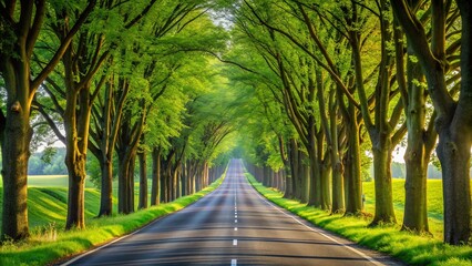 Fototapeta premium Long road lined with trees on background, road, trees, isolated,pathway, nature, landscape, outdoor, journey