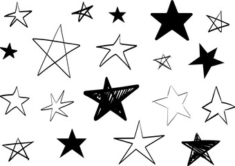A collection of star doodles. A set of hand drawn stars. Scribble illustrations. Black silhouettes of stars.
