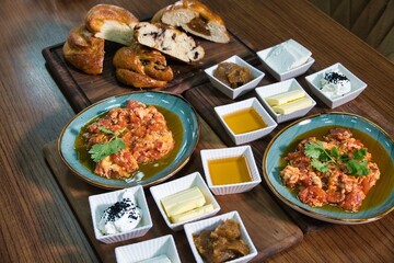 Turkish Breakfast With Scrambled Eggs and Bread