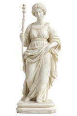 Elegant marble statue of a woman holding a staff, showcasing classical artistry and craftsmanship in a timeless design.