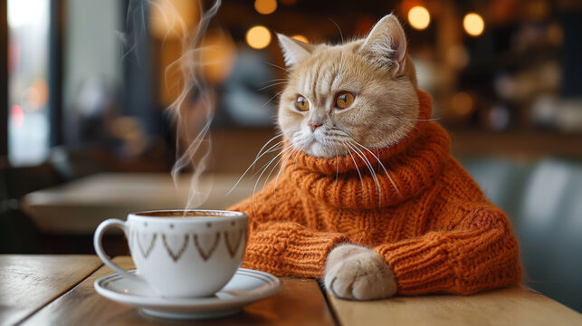 Cat in orange sweater with coffee cup cozy autumn winter scene warm essence