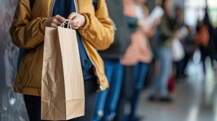 Naklejka premium A person stands in line holding a brown paper bag in a bustling indoor area