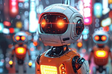 Fototapeta premium A robot in a neon-lit cityscape with a vibrant futuristic aesthetic.