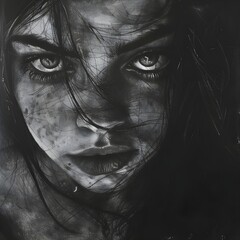 A haunting black and white portrait of a young girl with intense eyes and a shadowy aesthetic, conveying deep emotion or mystery.