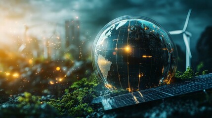 Abstract 3D globe with solar panels and wind turbines, highlighting eco-friendly technology.