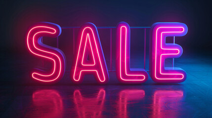 Bright pink neon sale sign shining in a dark room with a mirrored floor