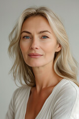 Fototapeta premium The serene expression of a mature woman with long blonde hair, reflecting confidence and elegance, indoor portrait, beauty concept