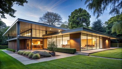 of a midcentury modern home with sleek design and large windows, midcentury, modern, home,house, architecture, design, vintage