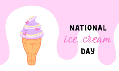 Happy National Ice Cream Day card. Ice cream in waffle cone with hearts. Vector Illustration for backgrounds and packaging. Image can be used for posters and stickers. Isolated on white background.