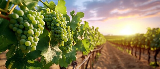 Vineyard Sunset, Green grapes golden light, Serene wine country.
