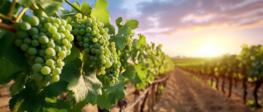 Vineyard Sunset, Green grapes golden light, Serene wine country.