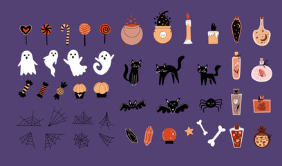 Big vector cute collection with halloween elements. Magic hand drawn illustration with ghosts, candies, lollipops and different potions.