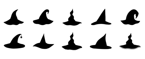 Collection of vector hand drawn witch hat silhouettes. Doodle icons of witch hats for Halloween and Christmas.