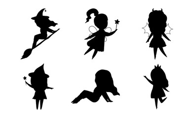 Cute vector silhouette collection of magical little girls in party costumes. Witch, fairy, devil, princess drawn by hand drawn